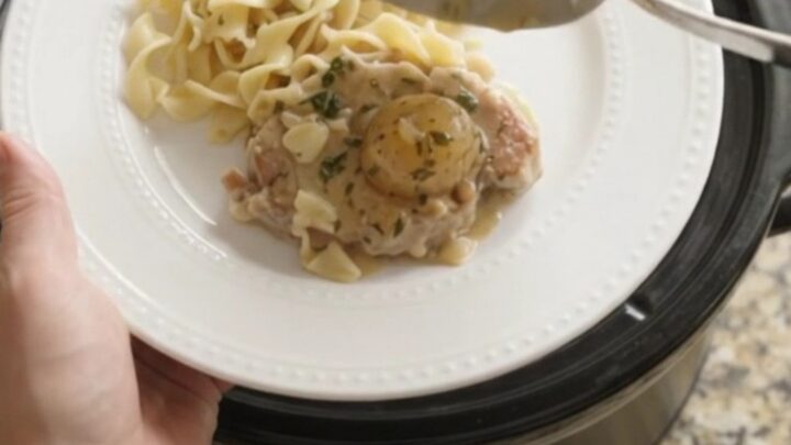 Slow cooker sour cream garlic herb pork chops with potatoes in creamy gravy