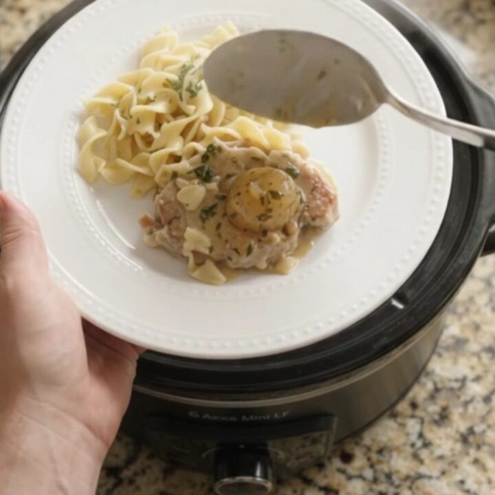 Slow cooker sour cream garlic herb pork chops with potatoes in creamy gravy