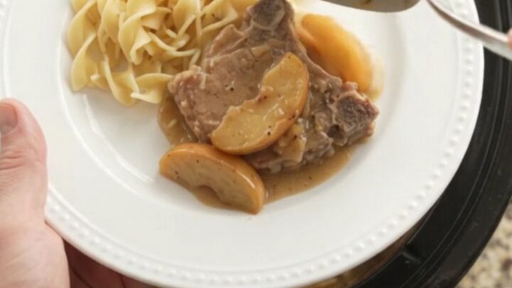 Bone-in pork chops and apples in a creamy sour cream sauce in a slow cooker