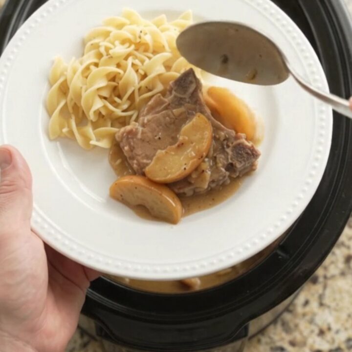 Bone-in pork chops and apples in a creamy sour cream sauce in a slow cooker