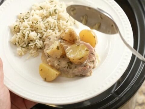 Crockpot Parmesan garlic herb pork chops with creamy sauce and baby potatoes