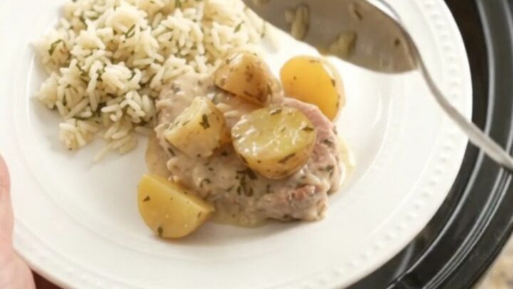 Crockpot Parmesan garlic herb pork chops with creamy sauce and baby potatoes