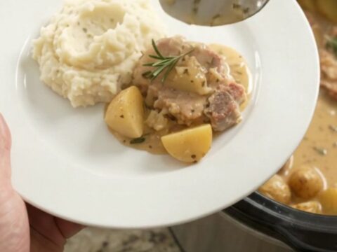 Slow cooker butter cream garlic herb pork chops with potatoes in creamy sauce