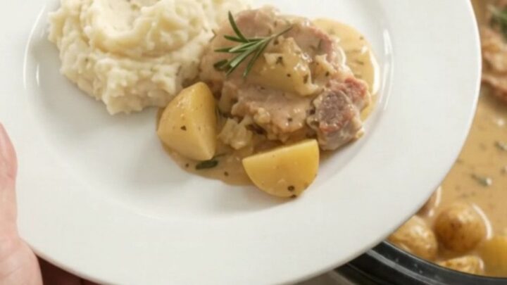 Slow cooker butter cream garlic herb pork chops with potatoes in creamy sauce