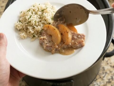 Slow cooker pork chops with creamy apple cider sauce and caramelized apples in a crockpot