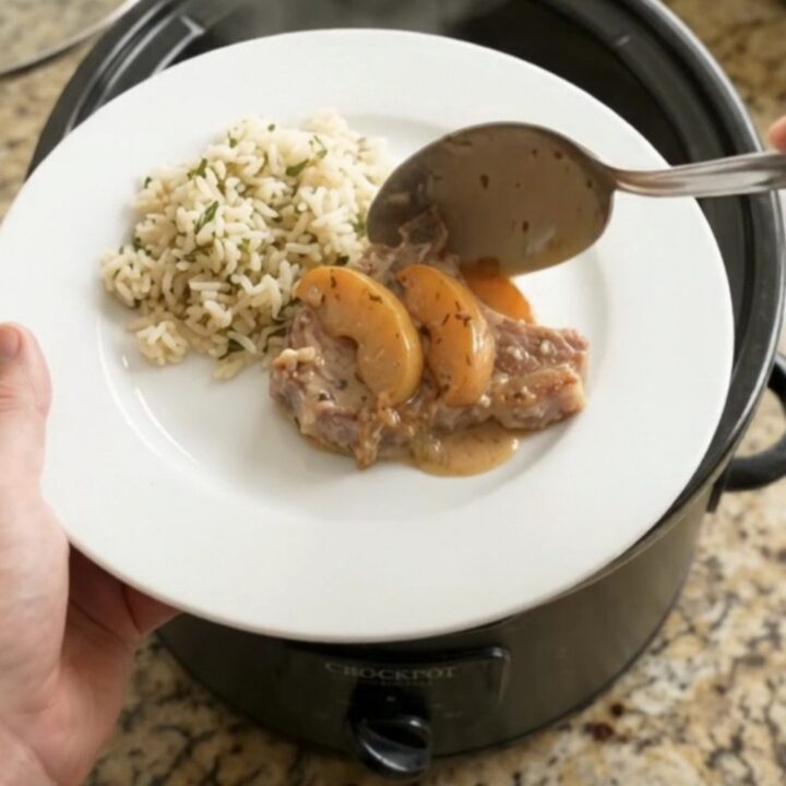 Slow cooker pork chops with creamy apple cider sauce and caramelized apples in a crockpot