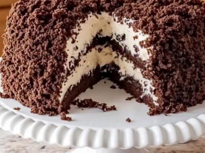 A decadent chocolate crumble cake on a white scalloped pedestal stand with a slice removed showing layers.
