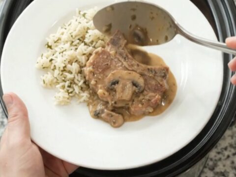 Slow cooker Parmesan ranch mushroom pork chops in creamy sauce