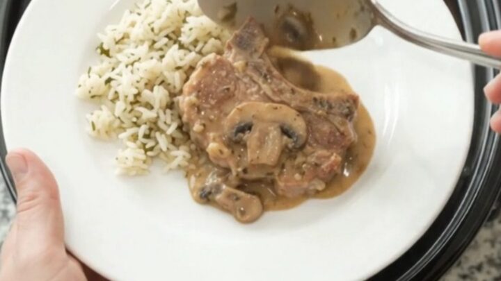Slow cooker Parmesan ranch mushroom pork chops in creamy sauce