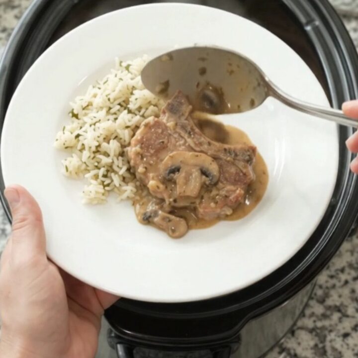 Slow cooker Parmesan ranch mushroom pork chops in creamy sauce
