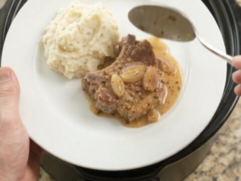 Slow cooker pork chops in honey Dijon cream sauce with shallots