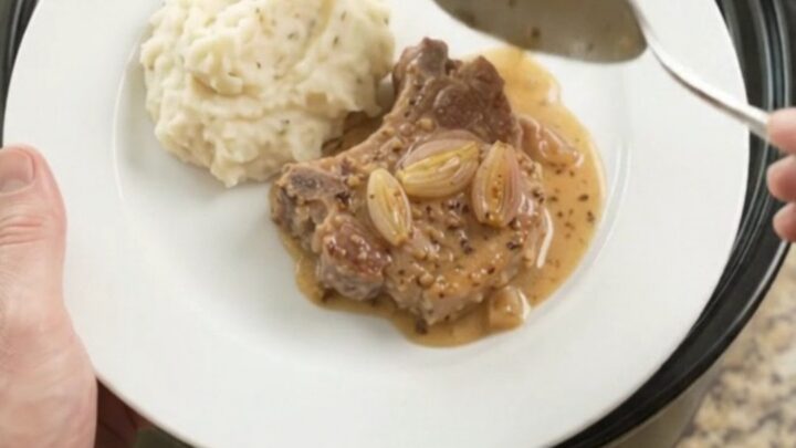 Slow cooker pork chops in honey Dijon cream sauce with shallots