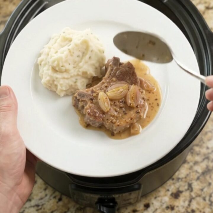 Slow cooker pork chops in honey Dijon cream sauce with shallots