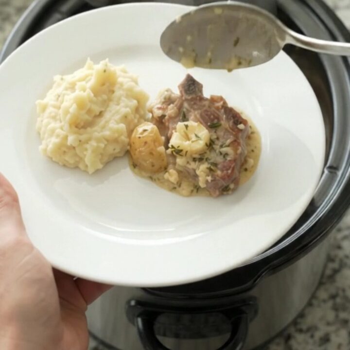 Bone-in ribeye pork chops and baby potatoes in a creamy Gruyère sauce in a slow cooker.