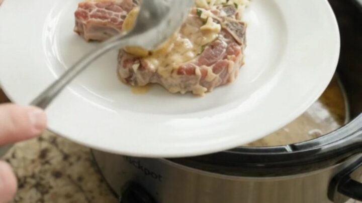 Crockpot full of pork chops and potatoes in creamy Parmesan sauce