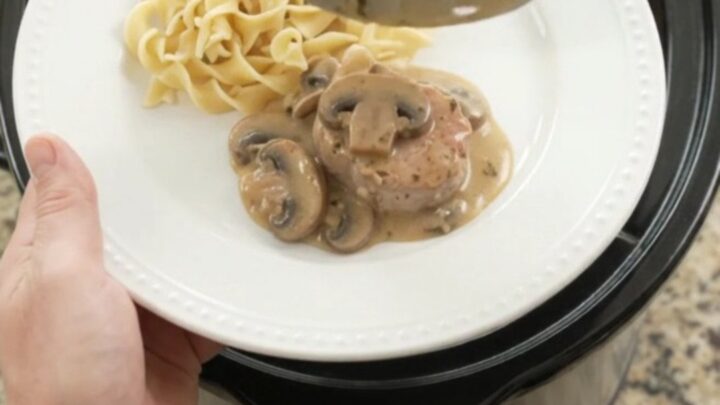 Slow cooker pork medallions in creamy mushroom-ranch gravy, served over egg noodles