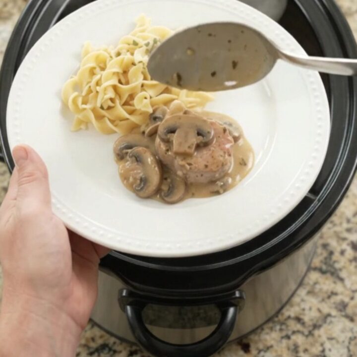 Slow cooker pork medallions in creamy mushroom-ranch gravy, served over egg noodles