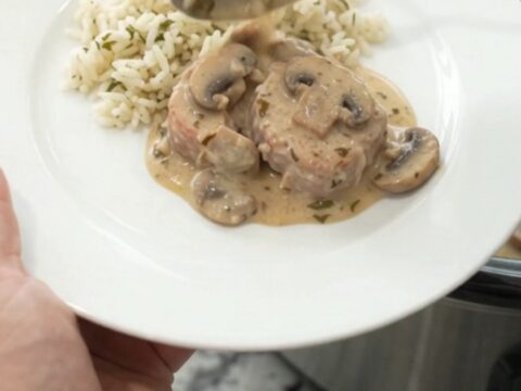Crockpot Parmesan Ranch Mushroom Pork Medallions in creamy sauce