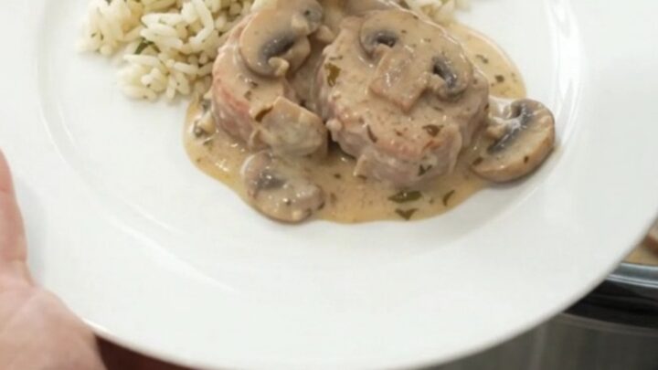Crockpot Parmesan Ranch Mushroom Pork Medallions in creamy sauce