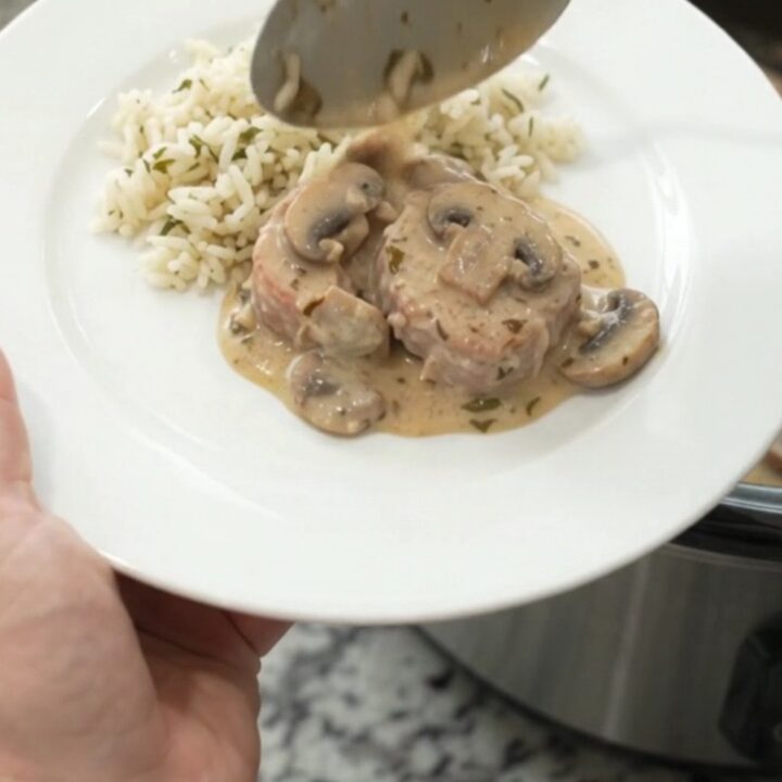 Crockpot Parmesan Ranch Mushroom Pork Medallions in creamy sauce