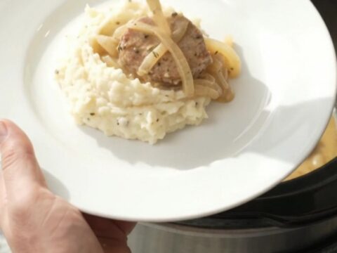 Slow cooker pork medallions in creamy onion sauce with thyme