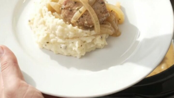 Slow cooker pork medallions in creamy onion sauce with thyme