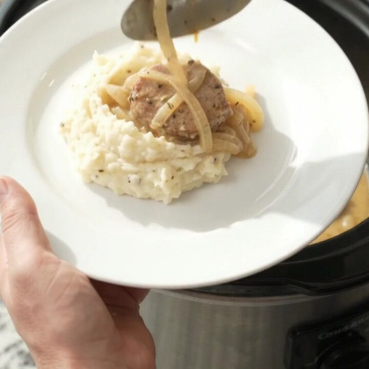 Slow cooker pork medallions in creamy onion sauce with thyme