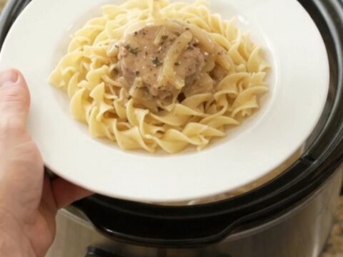 Slow cooker pork medallions in creamy sour cream onion sauce, garnished with thyme.