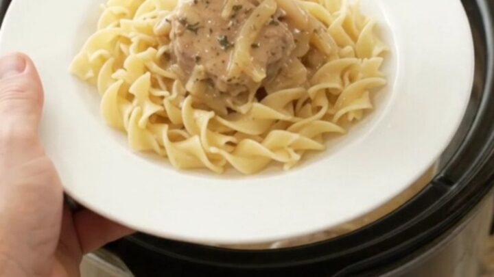 Slow cooker pork medallions in creamy sour cream onion sauce, garnished with thyme.