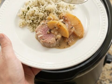 Slow cooker pork medallions with apples in creamy Parmesan sauce