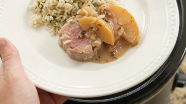 Slow cooker pork medallions with apples in creamy Parmesan sauce
