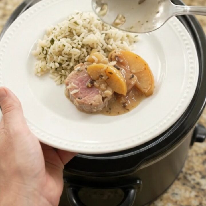 Slow cooker pork medallions with apples in creamy Parmesan sauce