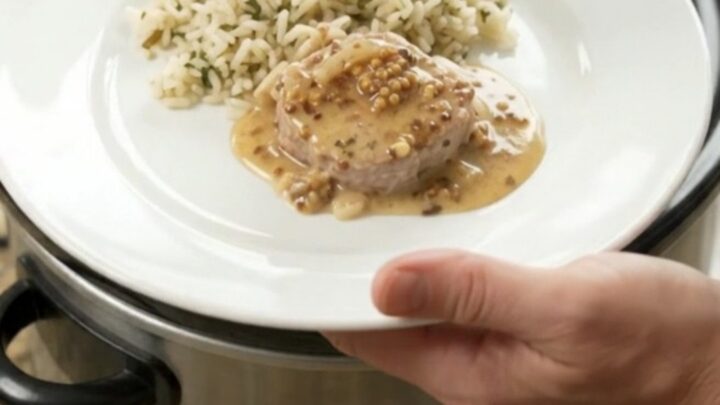 Slow cooker pork medallions in creamy honey Dijon sauce with shallots