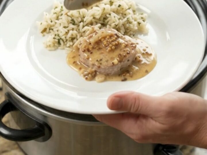 Slow cooker pork medallions in creamy honey Dijon sauce with shallots