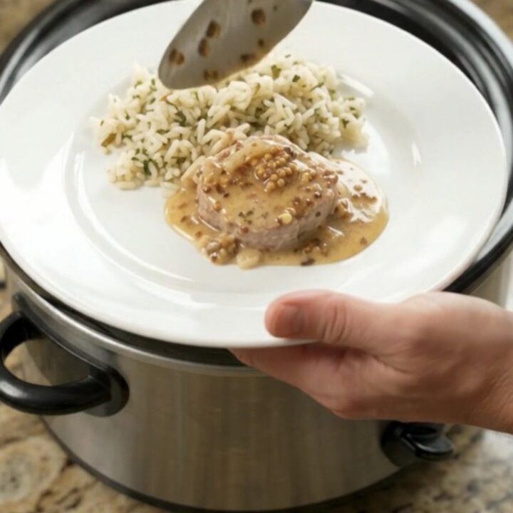 Slow cooker pork medallions in creamy honey Dijon sauce with shallots