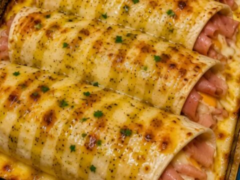Four golden-brown honey mustard ham and cheese wraps in a glass baking dish with fresh parsley garnish.