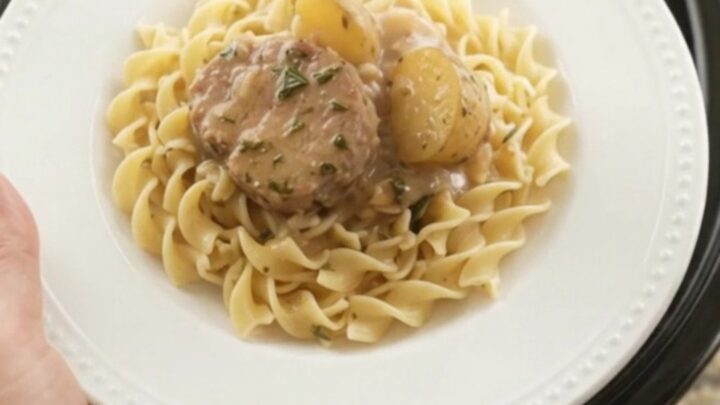 Slow cooker pork medallions and baby potatoes in creamy sour cream gravy with garlic and rosemary
