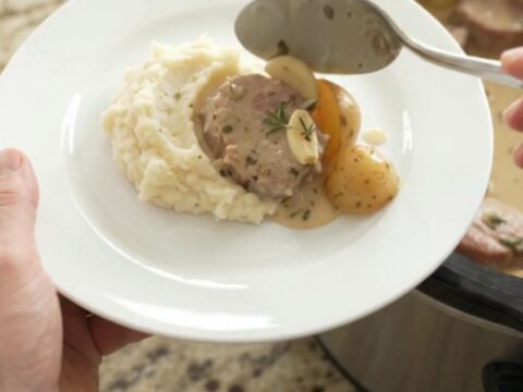 Slow cooker pork medallions and potatoes in creamy sauce