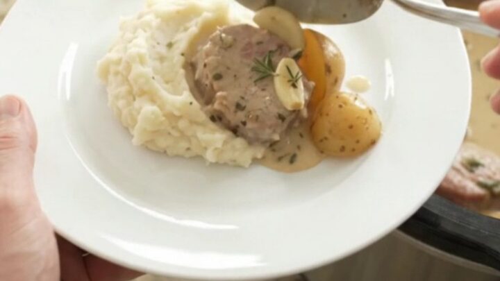 Slow cooker pork medallions and potatoes in creamy sauce
