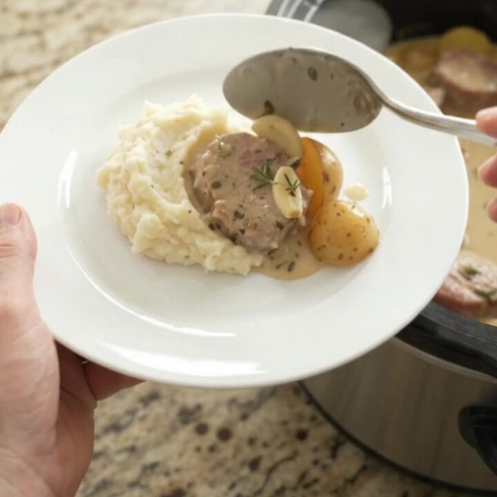 Slow cooker pork medallions and potatoes in creamy sauce