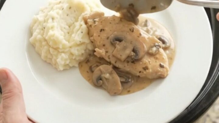 Slow cooker turkey cutlets in creamy mushroom-ranch gravy, with butter and herbs.