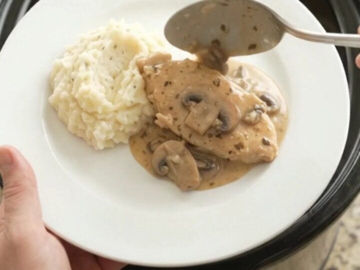 Slow cooker turkey cutlets in creamy mushroom-ranch gravy, with butter and herbs.
