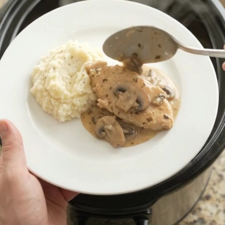 Slow cooker turkey cutlets in creamy mushroom-ranch gravy, with butter and herbs.