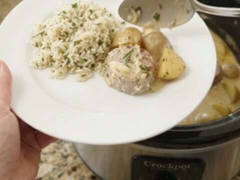 Creamy Parmesan pork medallions and baby potatoes in a slow cooker
