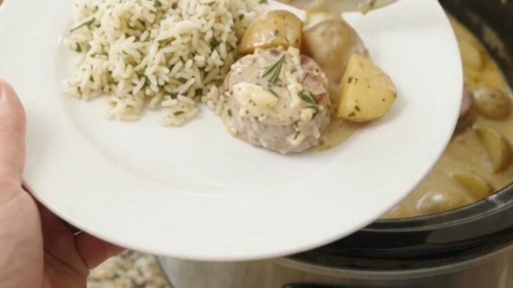Creamy Parmesan pork medallions and baby potatoes in a slow cooker