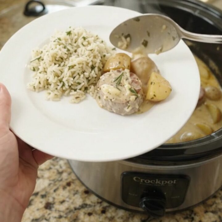 Creamy Parmesan pork medallions and baby potatoes in a slow cooker