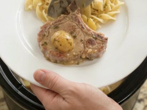 Slow-cooker sour cream pork chops and baby potatoes in a creamy sauce