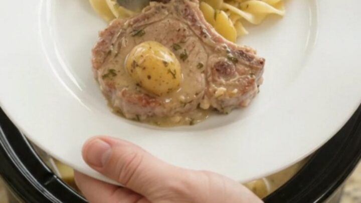 Slow-cooker sour cream pork chops and baby potatoes in a creamy sauce