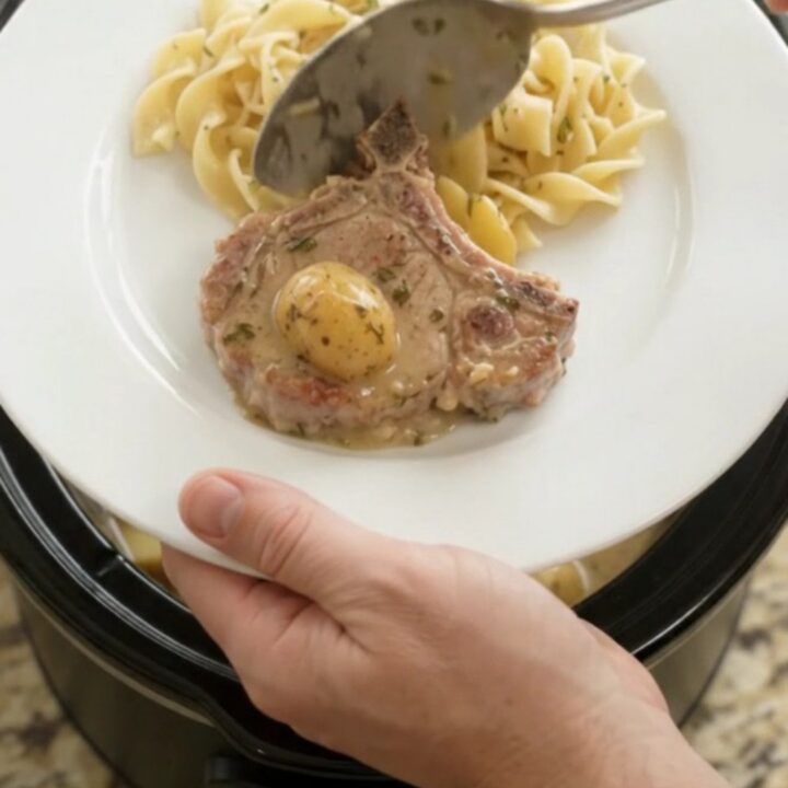 Slow-cooker sour cream pork chops and baby potatoes in a creamy sauce