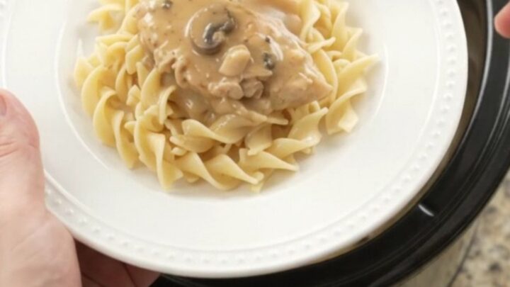 Tender turkey cutlets in creamy mushroom-ranch gravy in a slow cooker